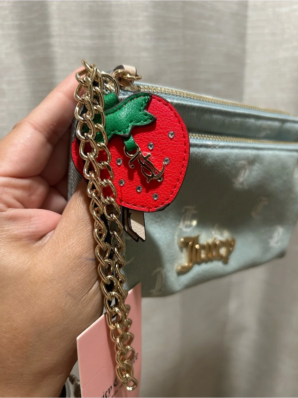 Juicy Couture Light Blue Monogram Cosmetic Wristlet with Strawberry Charm